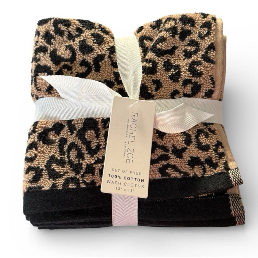 Rachel Zoe Facecloths Washcloths Soft Cotton 13x13" Leopard Print Brown Set of 4